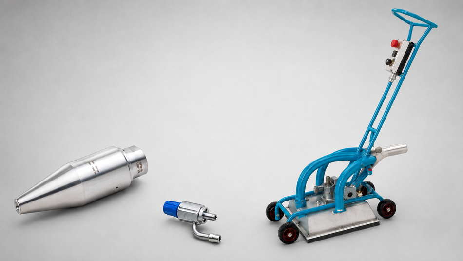 Assortment of water blaster accessories, including high-pressure nozzle, control valve, and wheeled surface-cleaning attachment.