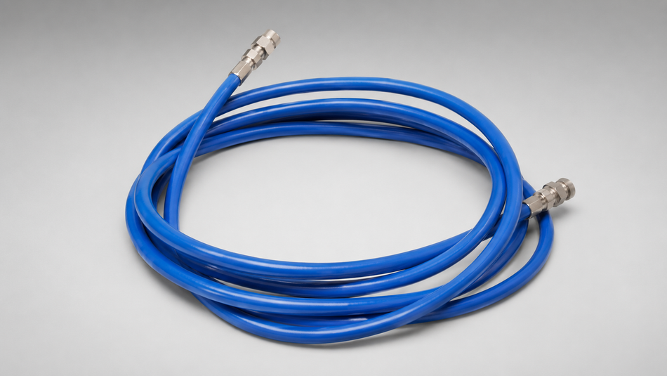 Coiled blue high-pressure water blaster hose with stainless steel quick-connect fittings.