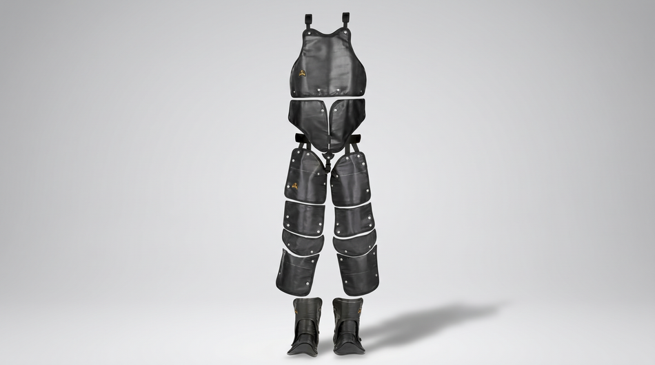 Heavy-duty water blasting safety suit with protective apron, leg guards, thigh panels, and reinforced boots.