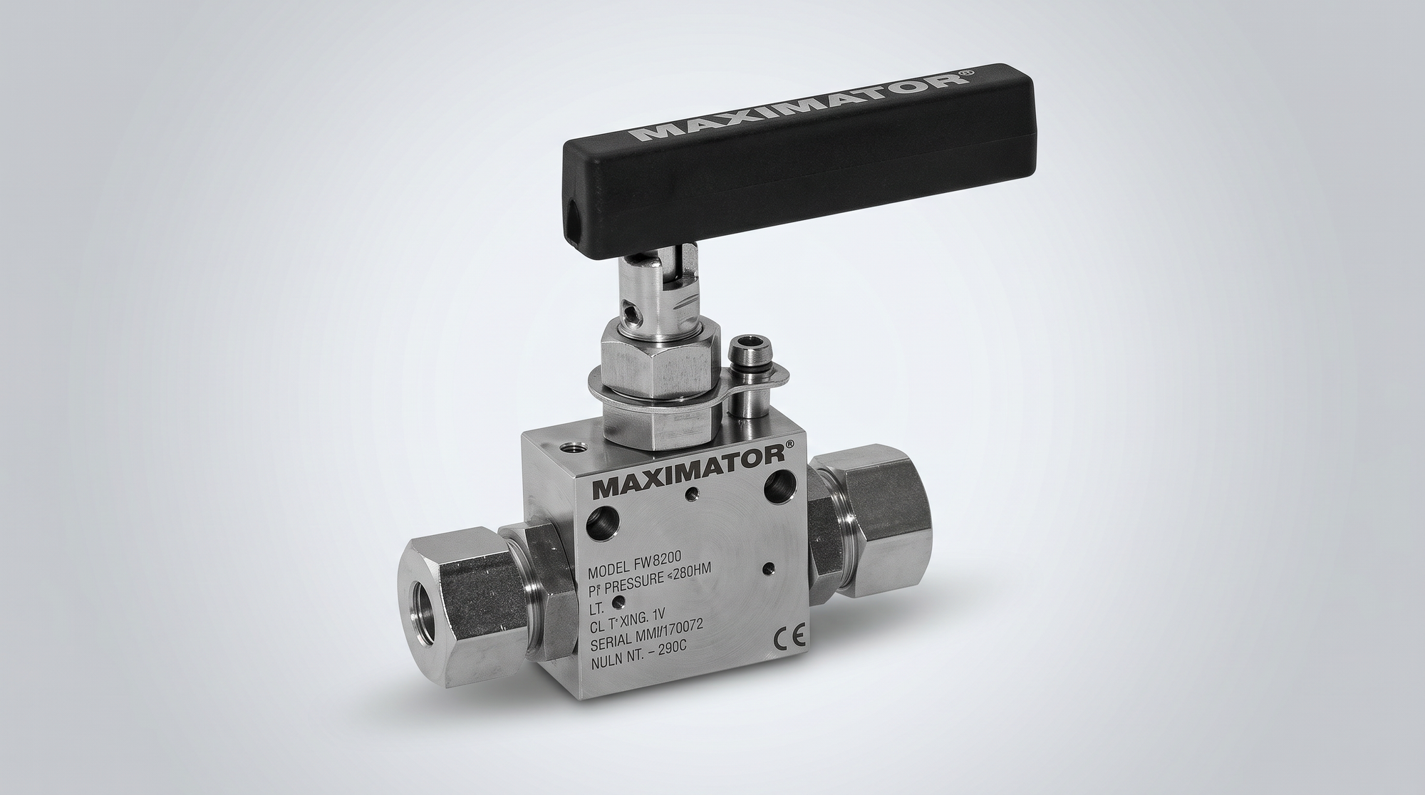 Stainless steel high-pressure control valve with black T-handle and compression fittings.