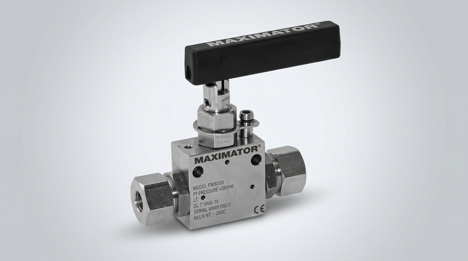 Stainless steel high-pressure control valve with black T-handle and compression fittings.