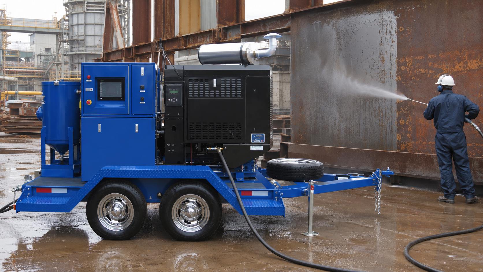 Operator using a trailer-mounted high-pressure water blaster to clean rust from a large industrial steel wall.