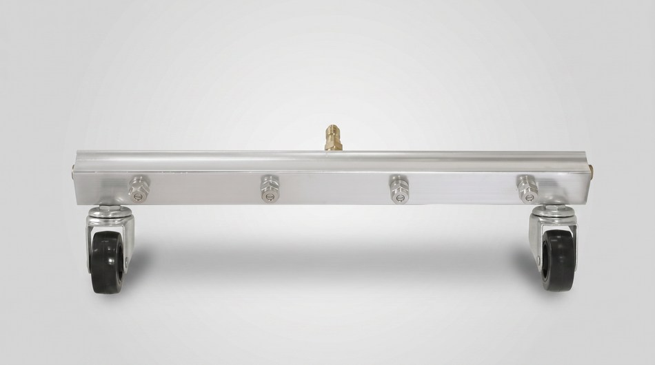 Stainless steel water broom with four spray nozzles, center inlet fitting, and two swivel caster wheels.