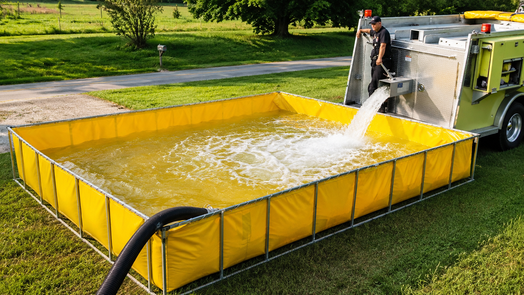 Fire truck discharging water into a large portable yellow containment berm.