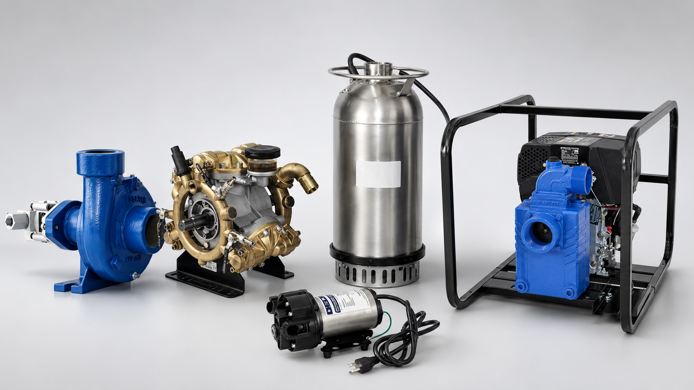 Assortment of water pumps, including centrifugal, diaphragm, submersible, transfer, and engine-driven models.