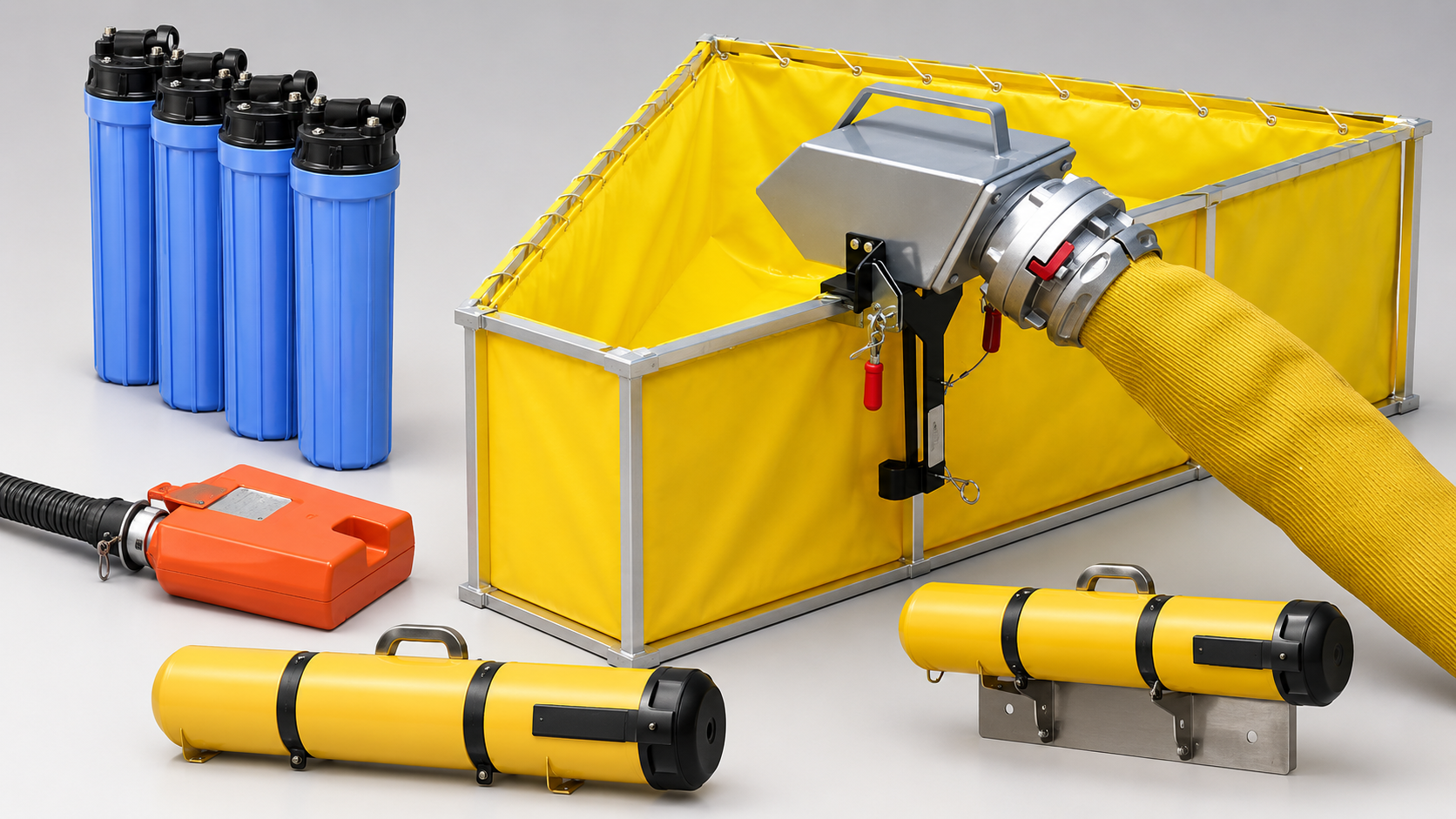 Water recovery accessories, including filter housings, containment berm, recovery hose, vacuum unit, and filtration components.