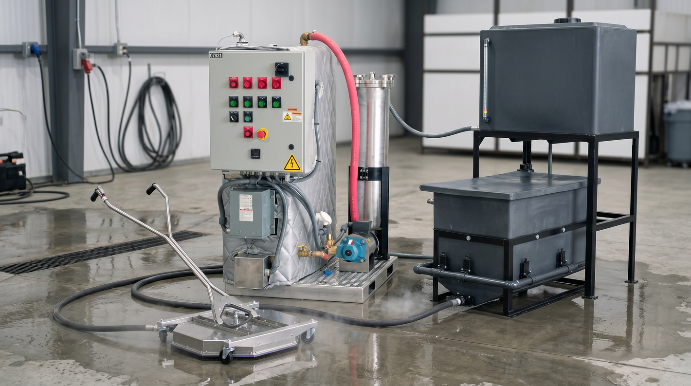 Industrial water recovery and filtration system with treatment unit, storage tanks, hoses, and surface cleaner.