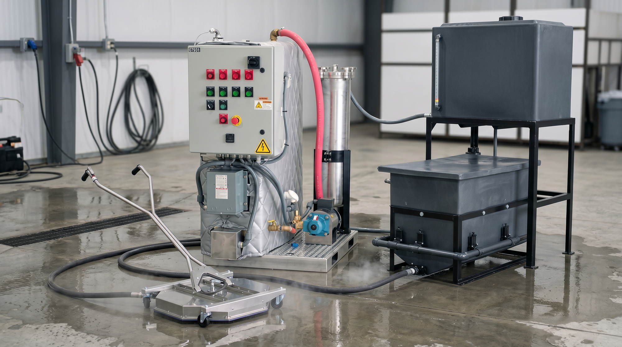 Industrial water recovery and filtration system with treatment unit, storage tanks, hoses, and surface cleaner.