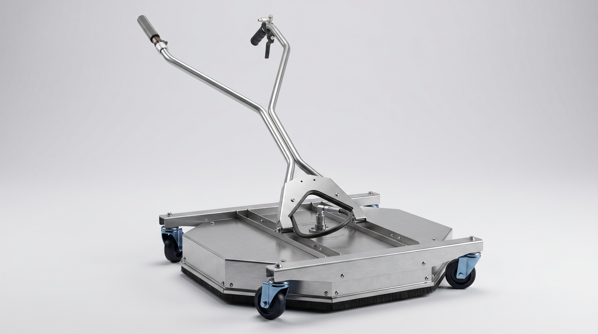 Stainless steel water recovery surface cleaner with dual handles, caster wheels, spray housing, and brush skirt.