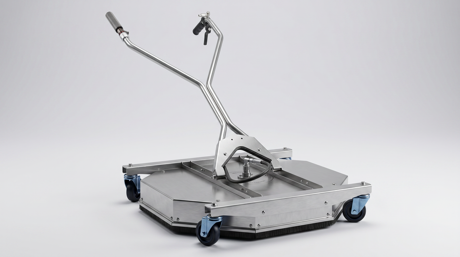Stainless steel water recovery surface cleaner with dual handles, caster wheels, spray housing, and brush skirt.