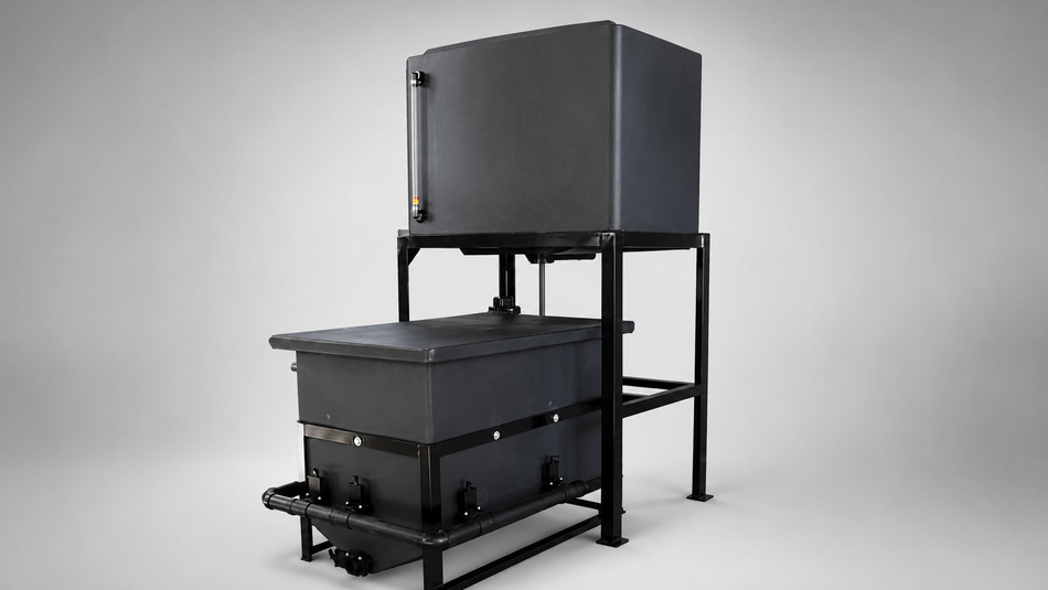 Two-stage water recycling and filtration tank system mounted on a black steel frame.