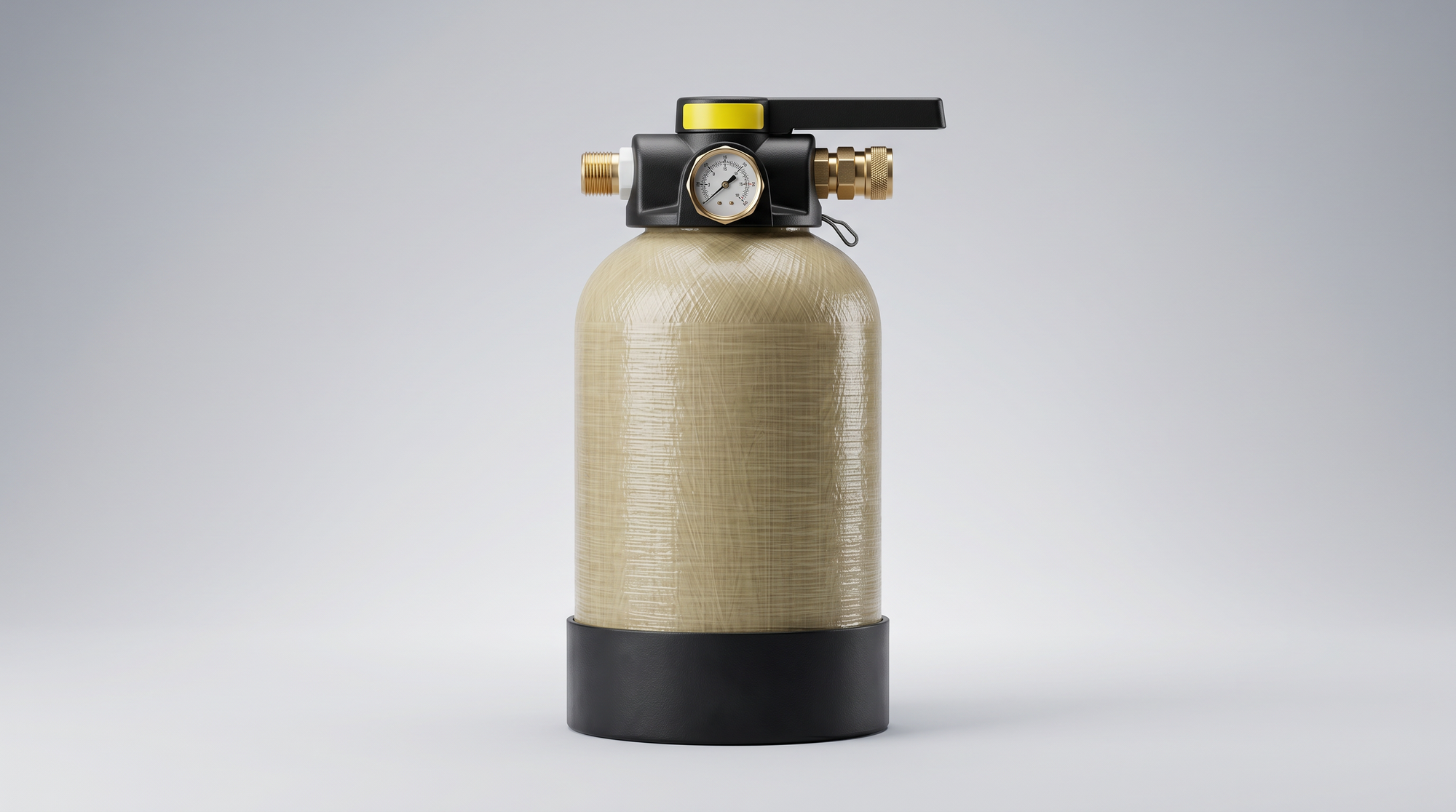 Fiberglass water softener tank with control valve, pressure gauge, inlet, and outlet connections.