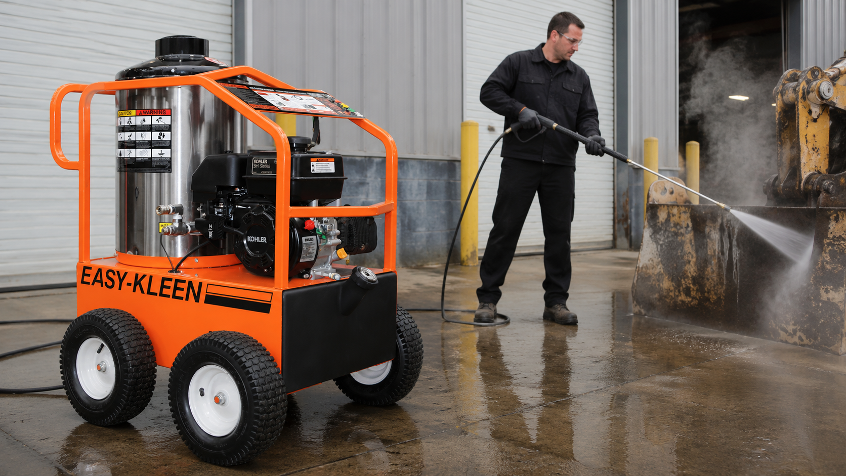 Technician using a commercial hot-water pressure washer to clean heavy construction equipment.