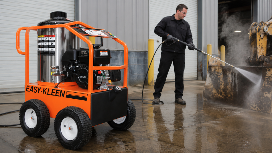 Technician using a commercial hot-water pressure washer to clean heavy construction equipment.