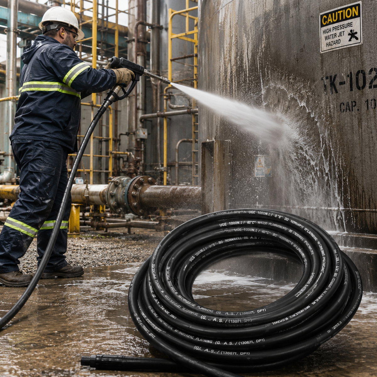 Worker using a 10,000 PSI ultra high pressure water blaster hose to clean an industrial tank.