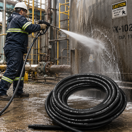 Worker using a 10,000 PSI ultra high pressure water blaster hose to clean an industrial tank.
