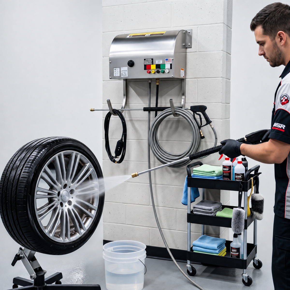 A man in a black and white uniform is using a the 1000 PSI Wall Mounted  Pressure Washer to rinse a silver alloy car wheel.