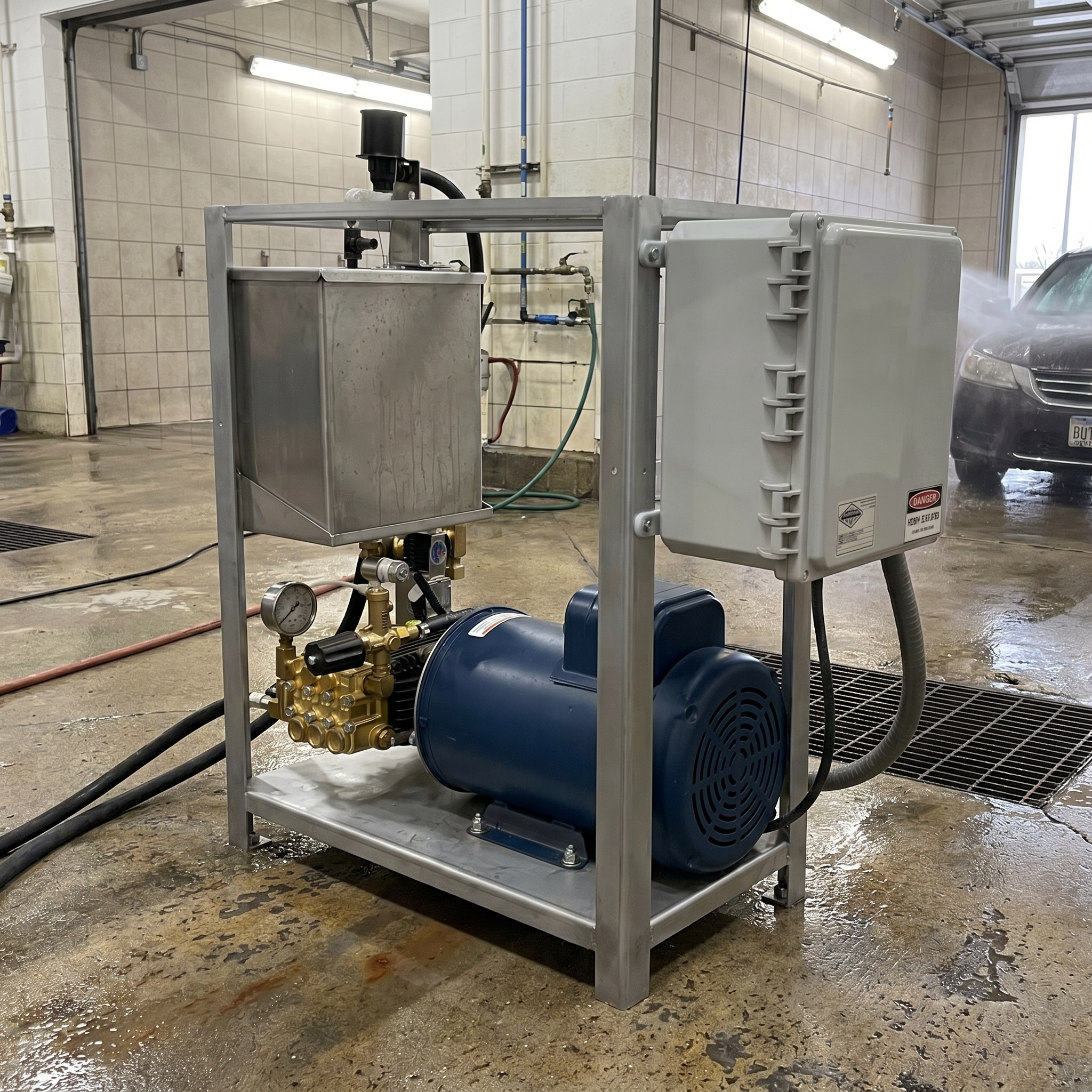 1300 PSI Heavy Duty Car Wash Equipment in use inside a car wash bay