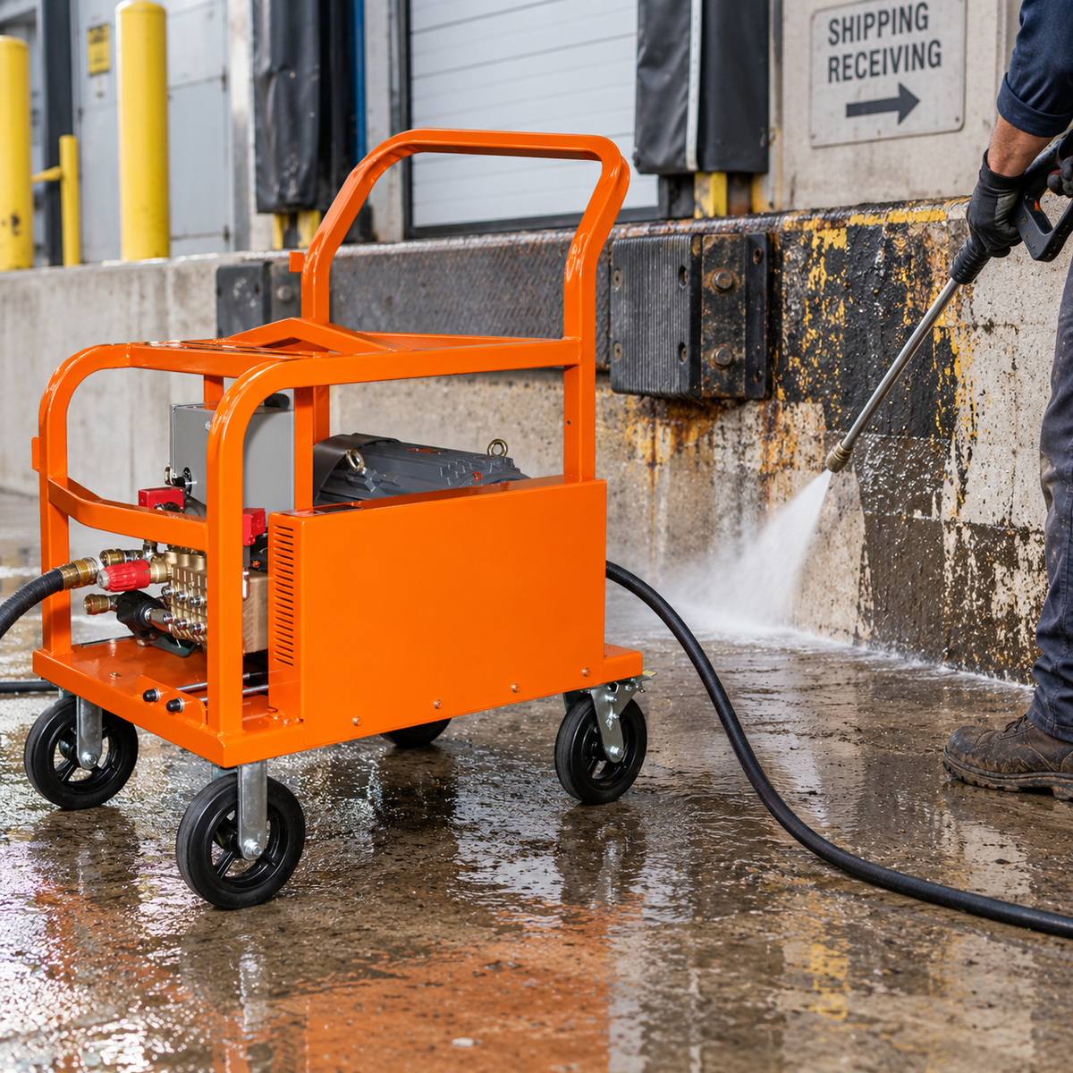 The 4000 PSI Power Wash Pressure Washer being used to clean a concrete wall at a shipping receiving dock, with a person holding the spray wand on the right.