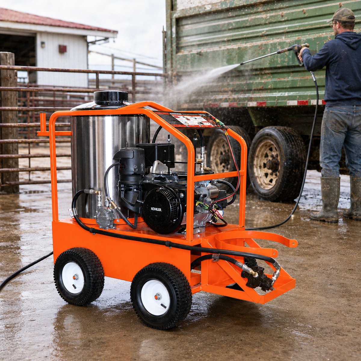The 4000 PSI Propane Powered Pressure Washer being used by a man to spray down the side of a green truck in a wet outdoor farm setting.
