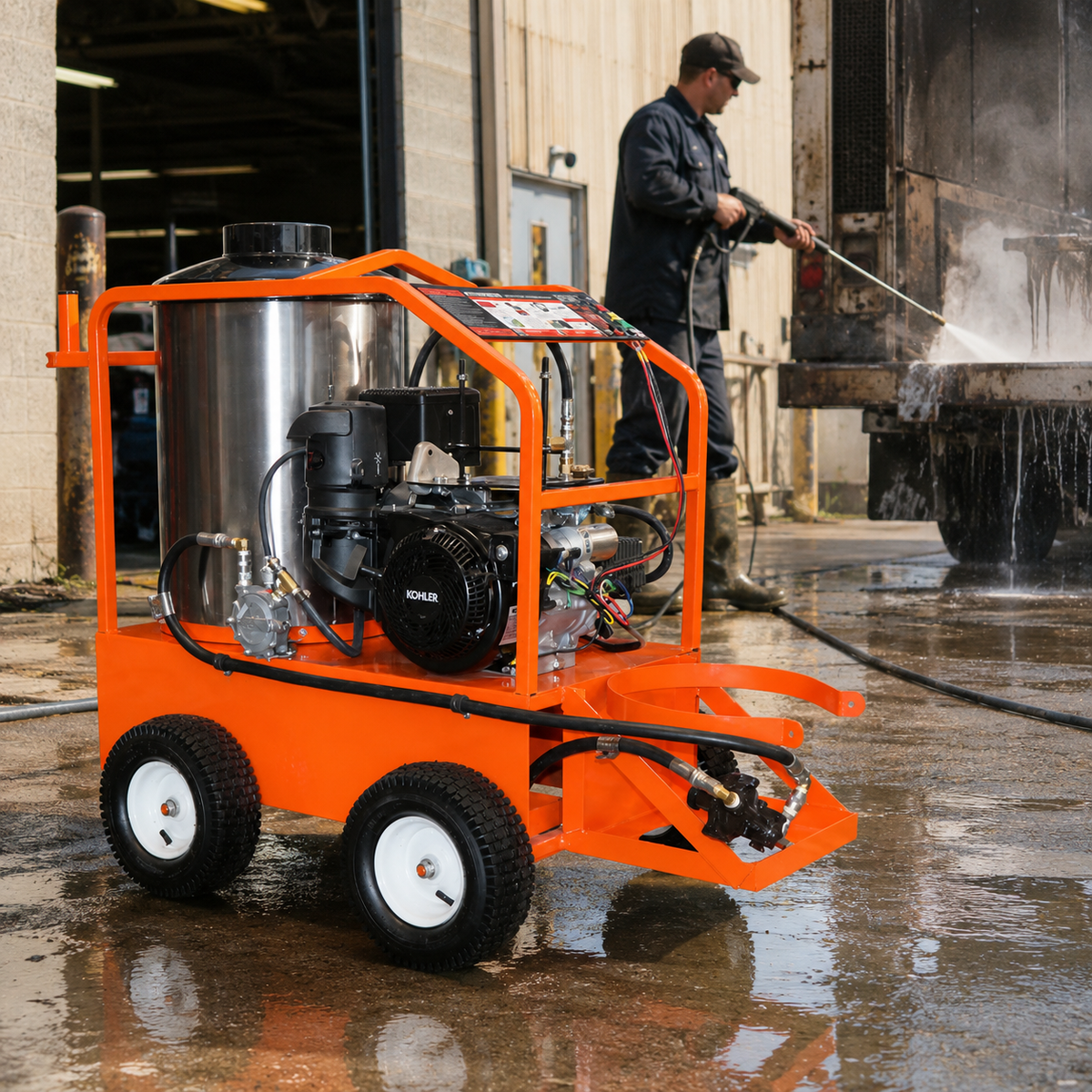 4000 PSI @ 3.5GPM 14HP Kohler Engine Commercial Hot Water Propane Pressure Cleaning System being operated outdoors.