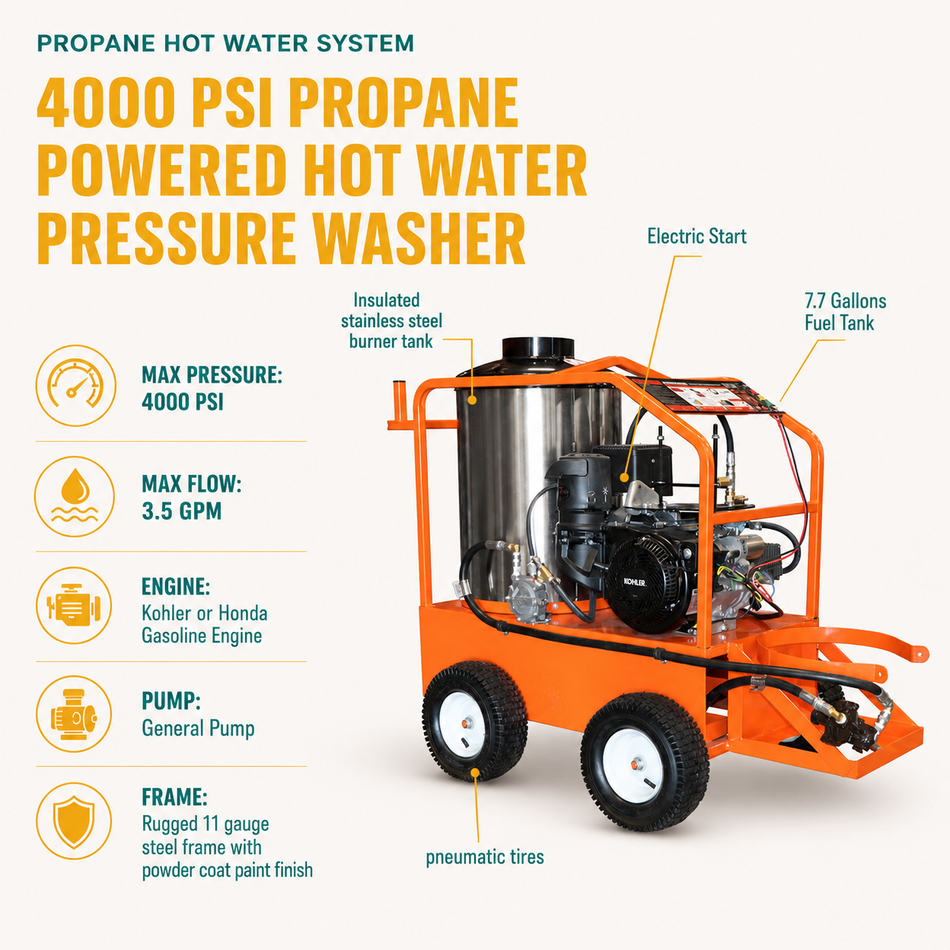 4000 PSI @ 3.5GPM 14HP Kohler Engine Commercial Hot Water Propane Pressure Cleaning System infographic