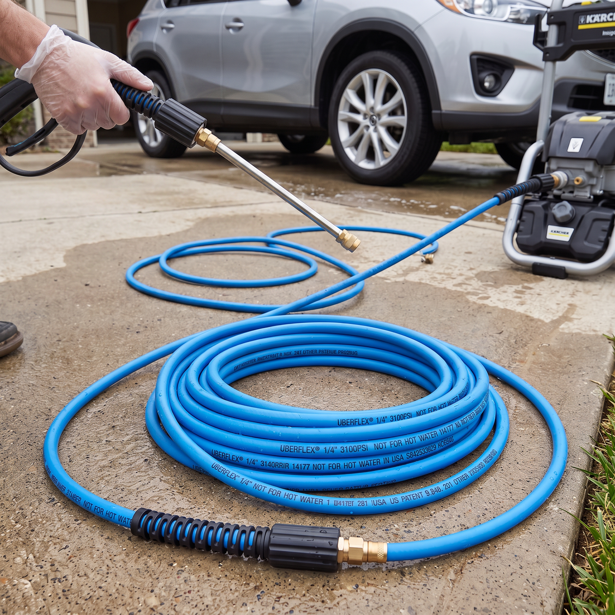 Coiled blue ProPulse Uberflex pressure washer hose connected to spray wand on driveway