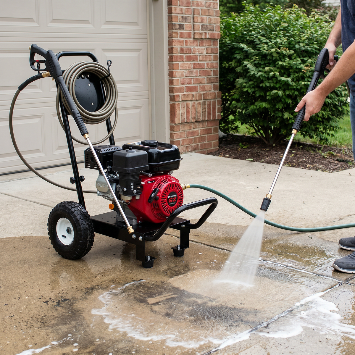 The replacement pressure washer cart frame carrying a 6.5 HP gas engine on a concrete surface.