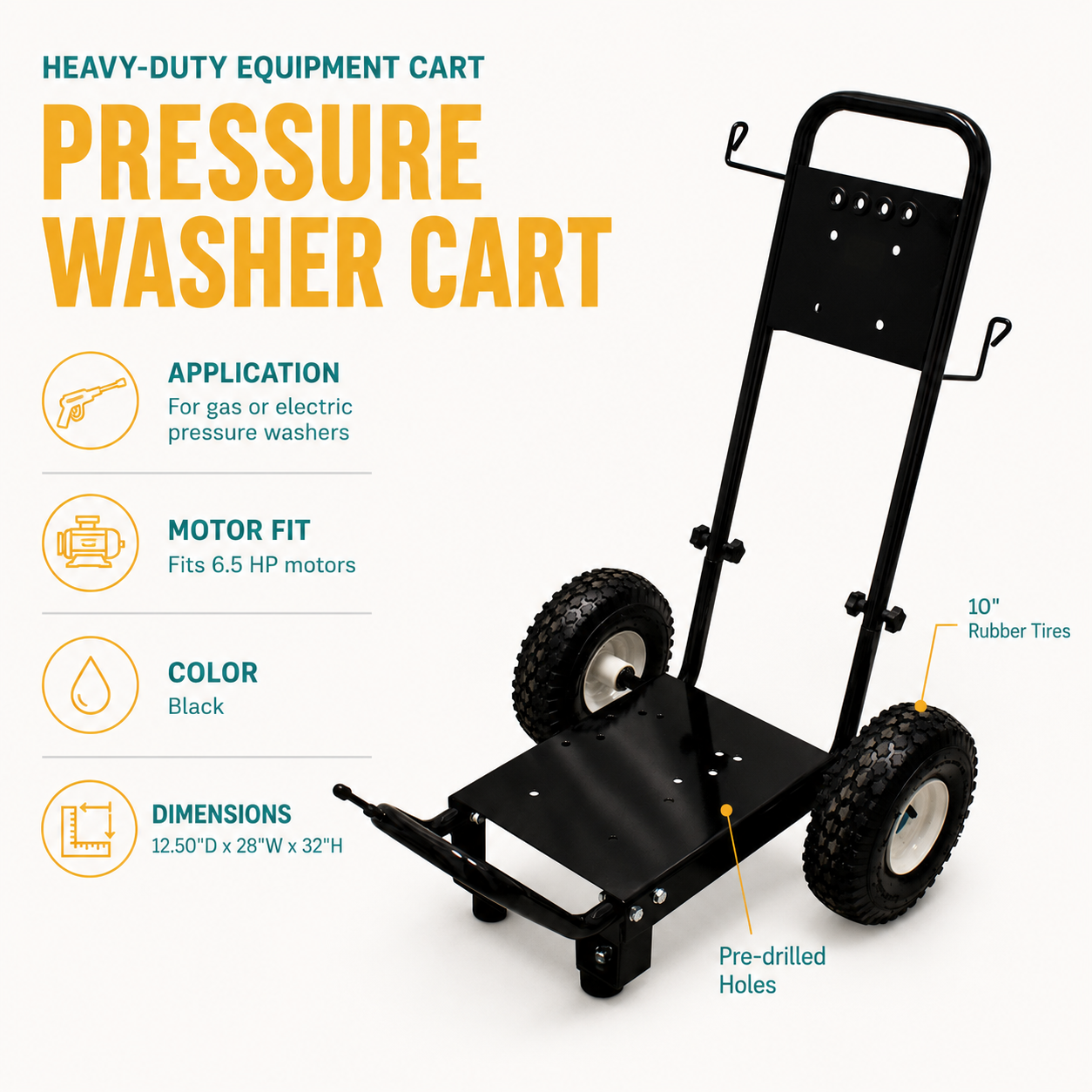 5950 Heavy Duty Electric or Gas Pressure Washer Cart Frame 6.5HP (Black) infographic