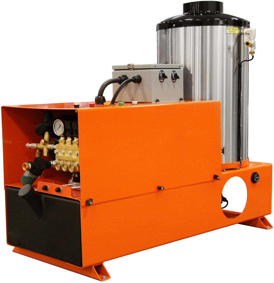 2000PSI @ 4GPM Industrial Electric Powered Hot Water - Oil Fired 5HP Belt Drive 460V-3PH Skid Mounted Pressure Washer