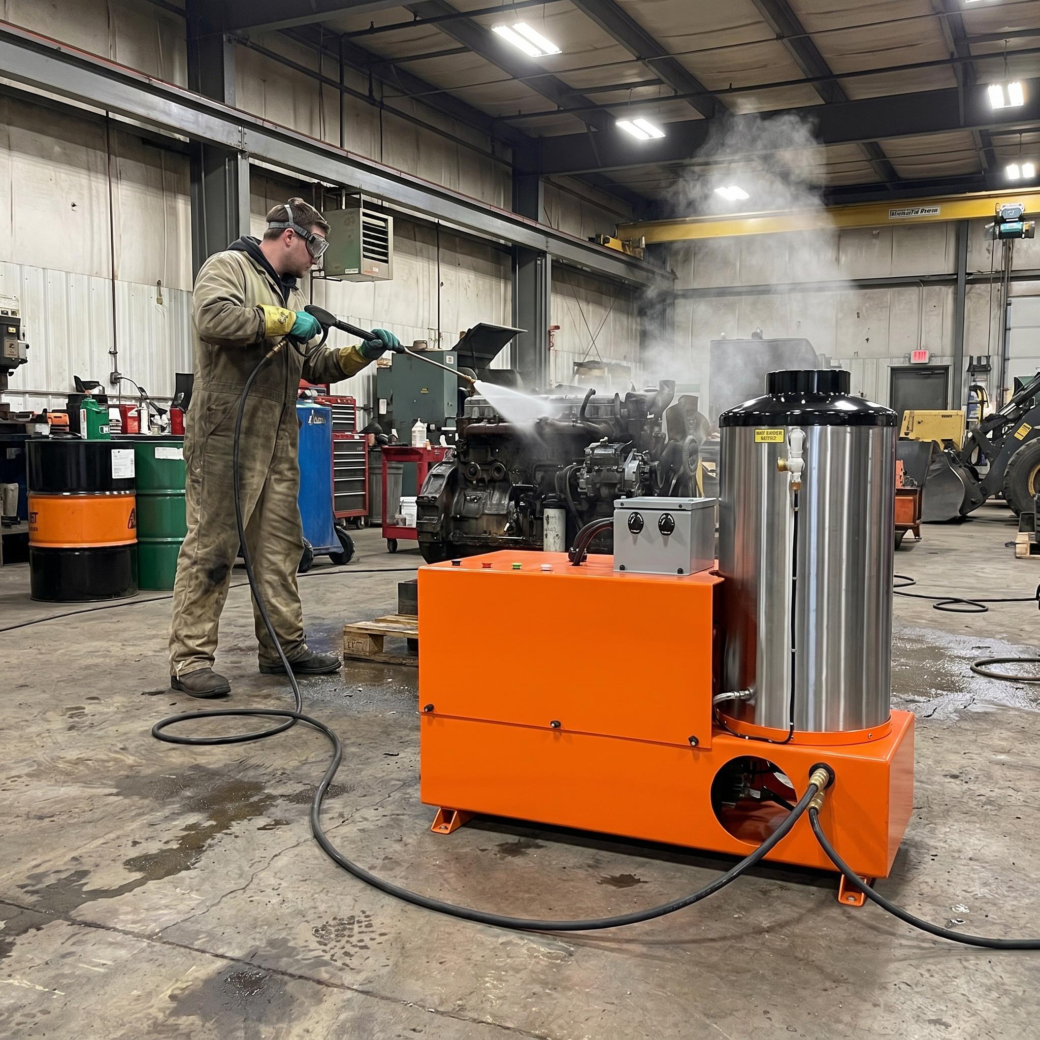 3000PSI @ 8GPM Industrial Electric Powered Hot Water - Oil Fired 20HP Belt Drive 208/440/575V-3PH Skid Mounted Pressure Washer