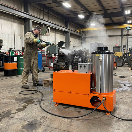 3000PSI @ 8GPM Industrial Electric Powered Hot Water - Oil Fired 20HP Belt Drive 208/440/575V-3PH Skid Mounted Pressure Washer
