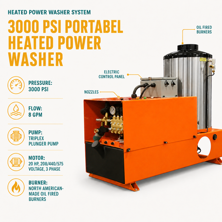 3000PSI @ 8GPM Industrial Electric Powered Hot Water - Oil Fired 20HP Belt Drive 208/440/575V-3PH Skid Mounted Pressure Washer