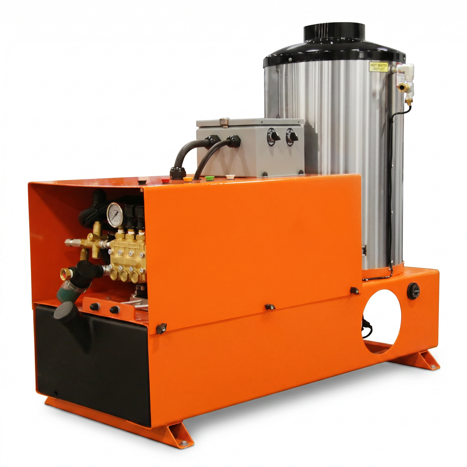3000PSI @ 8GPM Industrial Electric Powered Hot Water - Oil Fired 20HP Belt Drive 208/440/575V-3PH Skid Mounted Pressure Washer
