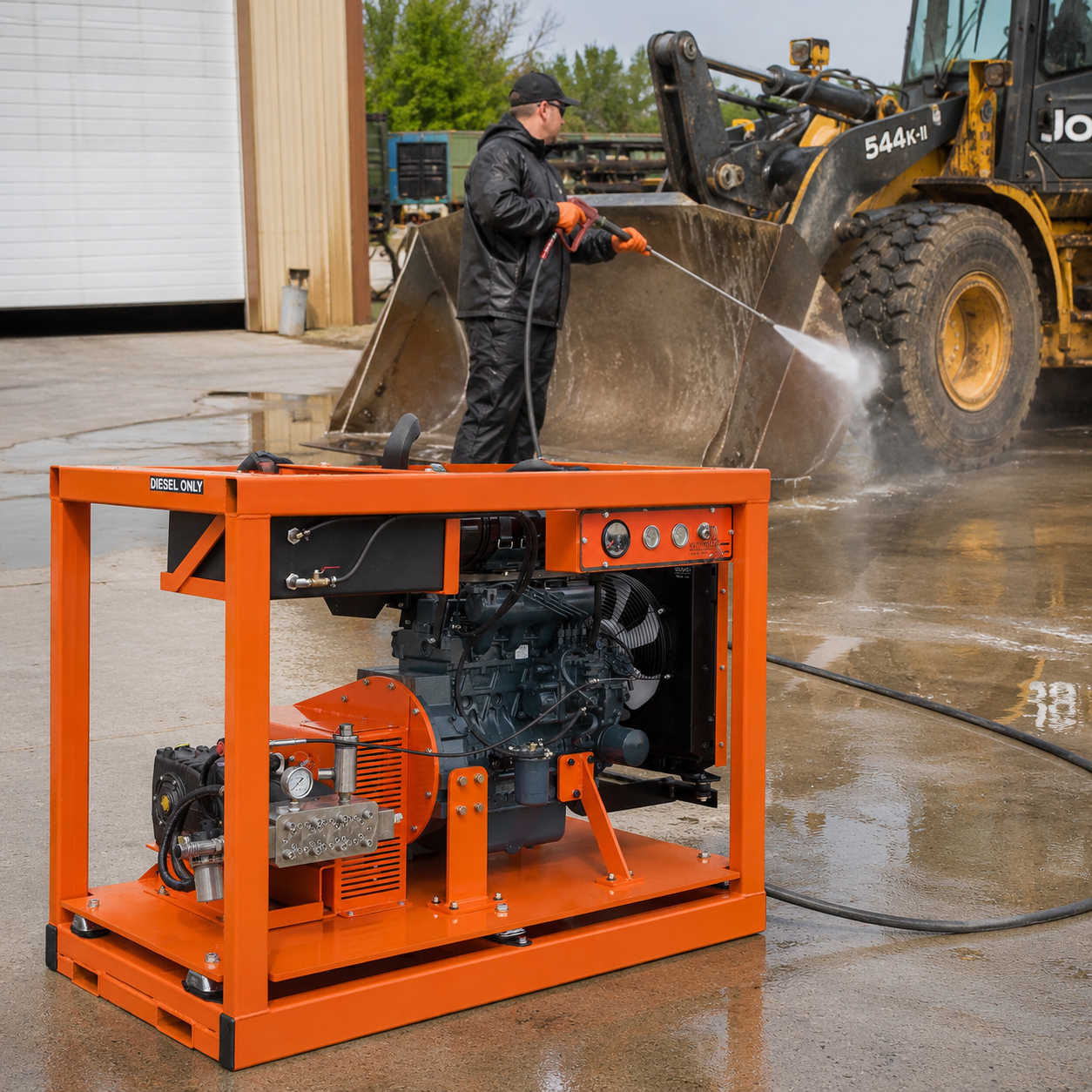 8000 PSI Kubota diesel engine cold water pressure washer with an orange roll cage frame being operated to blast dirt off heavy construction machinery.