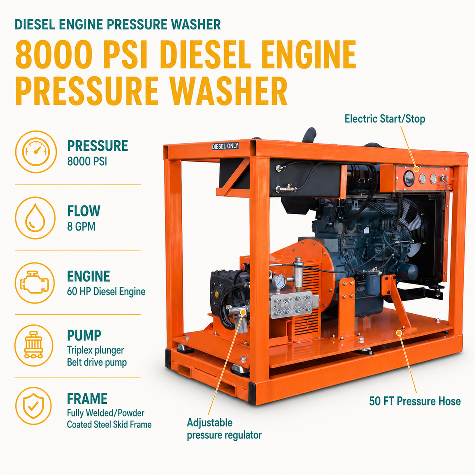 8000 PSI @ 8 GPM Industrial Cold Water Diesel - Belt Drive 58 HP Pressure Washer infographic