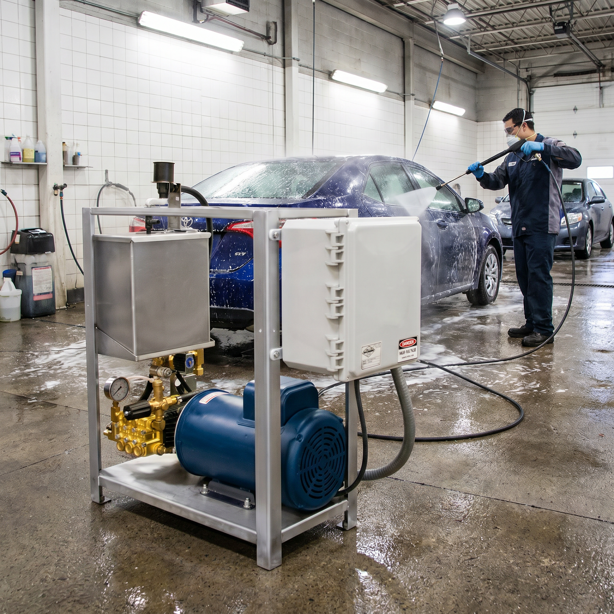 A car wash operator wearing protective gear uses a high-pressure spray wand to wash a blue car inside a professional wash bay, with a stationary electric pump station system running in the foreground.