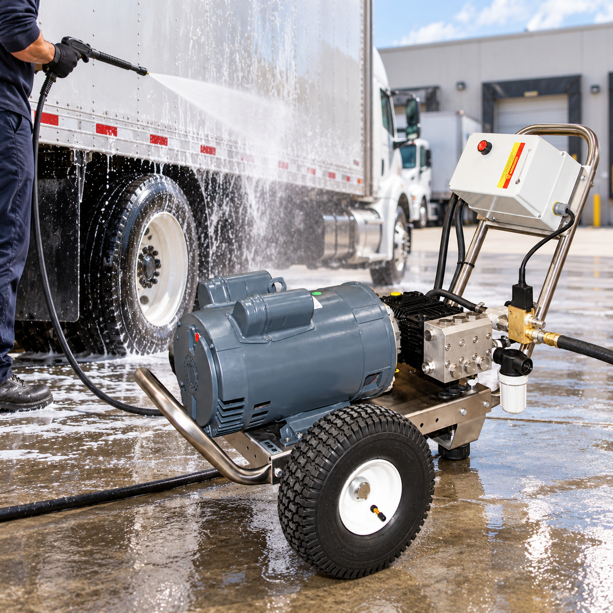 The 2000 PSI 460V Power Pressure Washer is shown in use, spraying water onto the side of a white semi-truck trailer in an outdoor industrial setting.