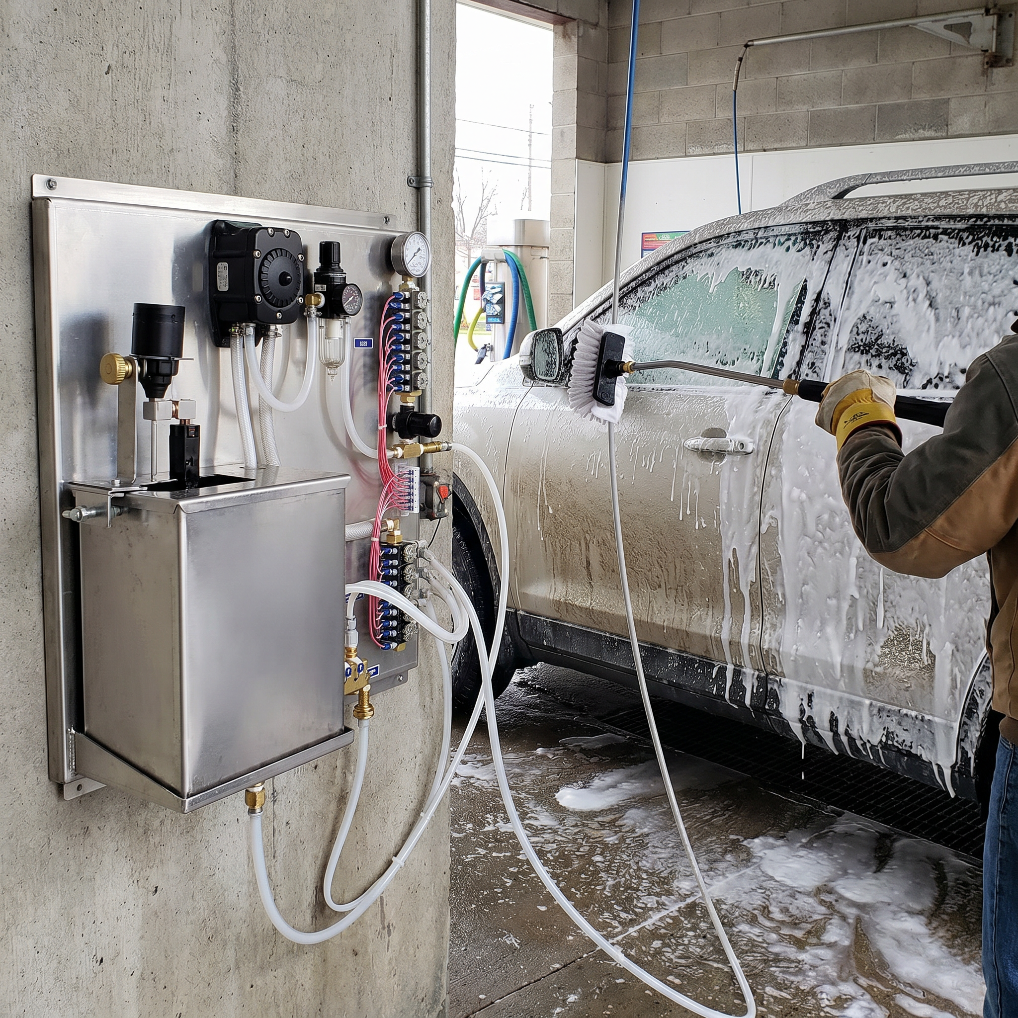 Air Driven Pump-Foam Brush System featuring a stainless steel mixing tank with a valve, mounted to a wash bay wall while a car is being washed.