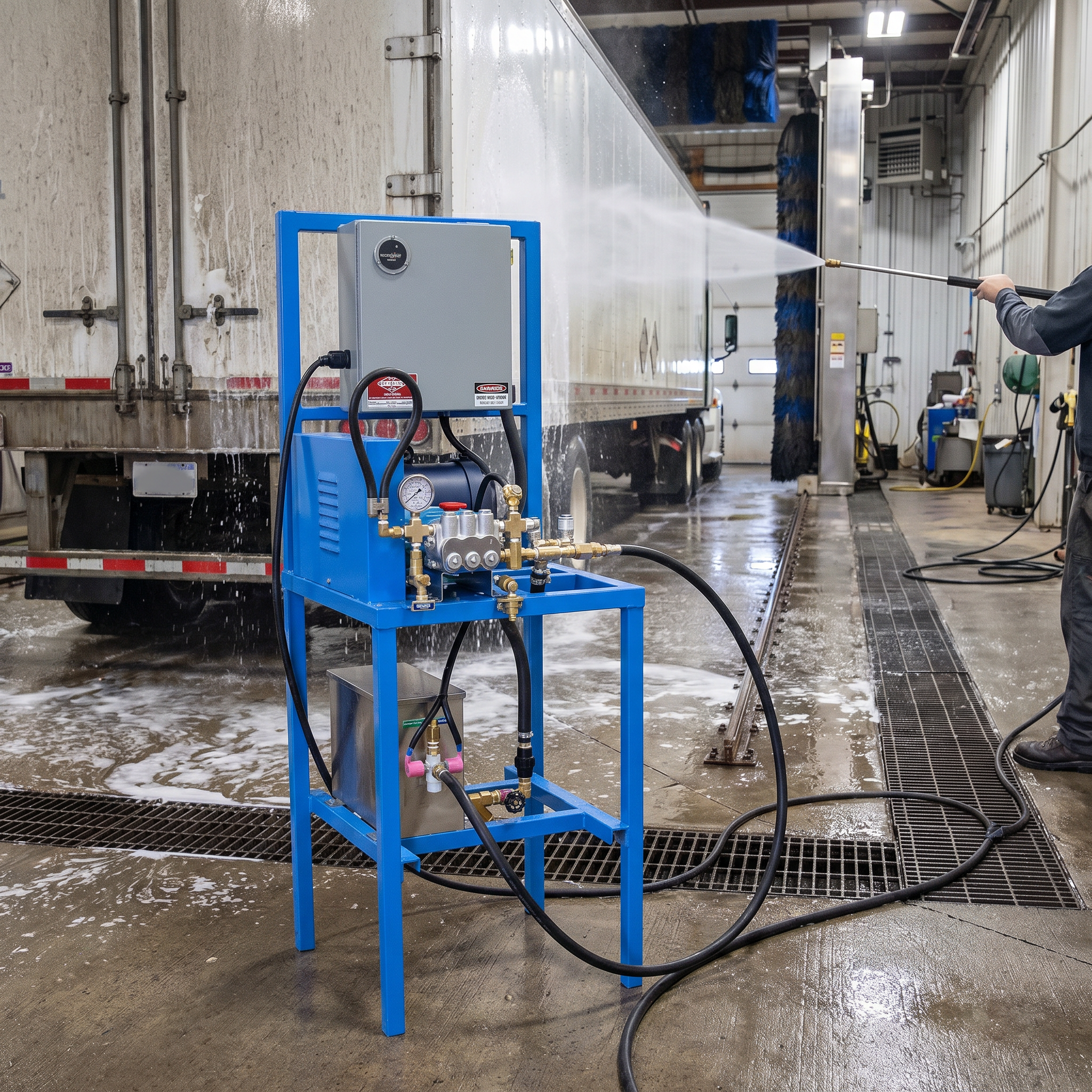 An operator washes a large commercial semi-truck trailer inside a wash bay using the 2300 PSI 4.8 GPM Single Pump Station 