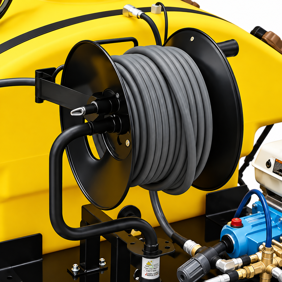 A closeup of the hose and hose reel on the 2500 PSI Truck or Pickup Mount Pressure Washer