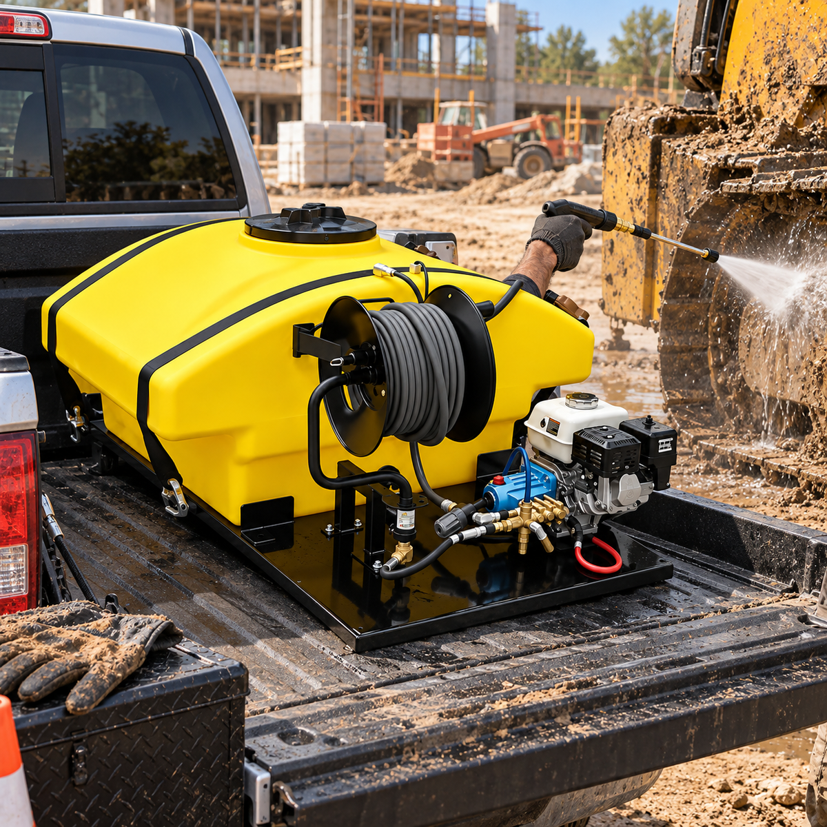 The 2500 PSI Pickup Mount Pressure Washer mounted on the bed of a pickup truck, with a worker spraying water from a hose attached to the unit at a construction site.