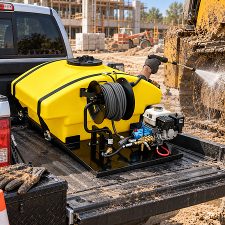The 2500 PSI Pickup Mount Pressure Washer mounted on the bed of a pickup truck, with a worker spraying water from a hose attached to the unit at a construction site.