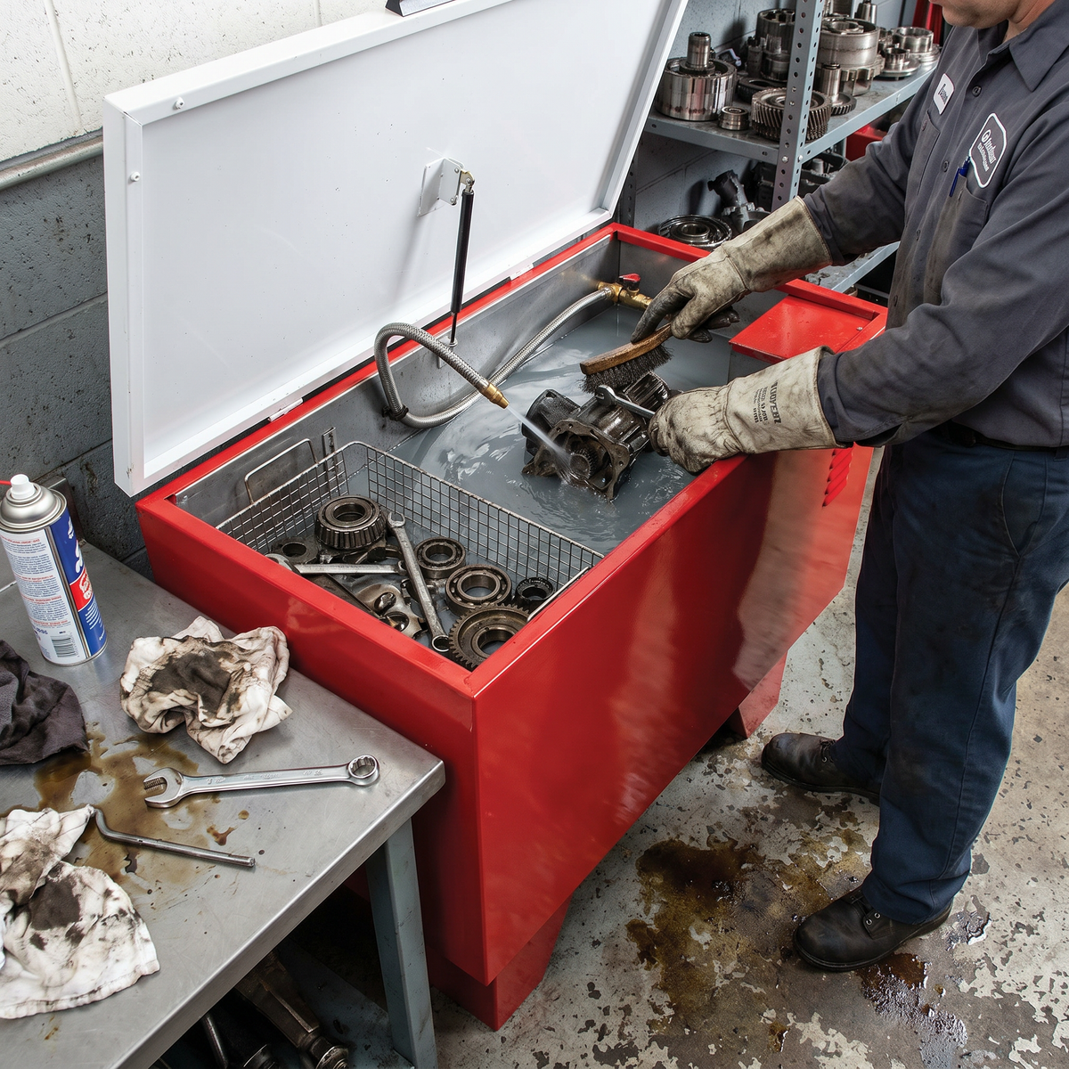 Operator cleaning mechanical components inside the Leg Mount Solvent Washer tank.