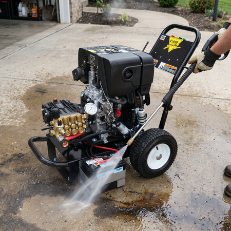3000 PSI 4 GPM cold water diesel pressure washer featuring a Hatz engine, black wheeled cart frame, and a triplex plunger pump being operated outdoors.