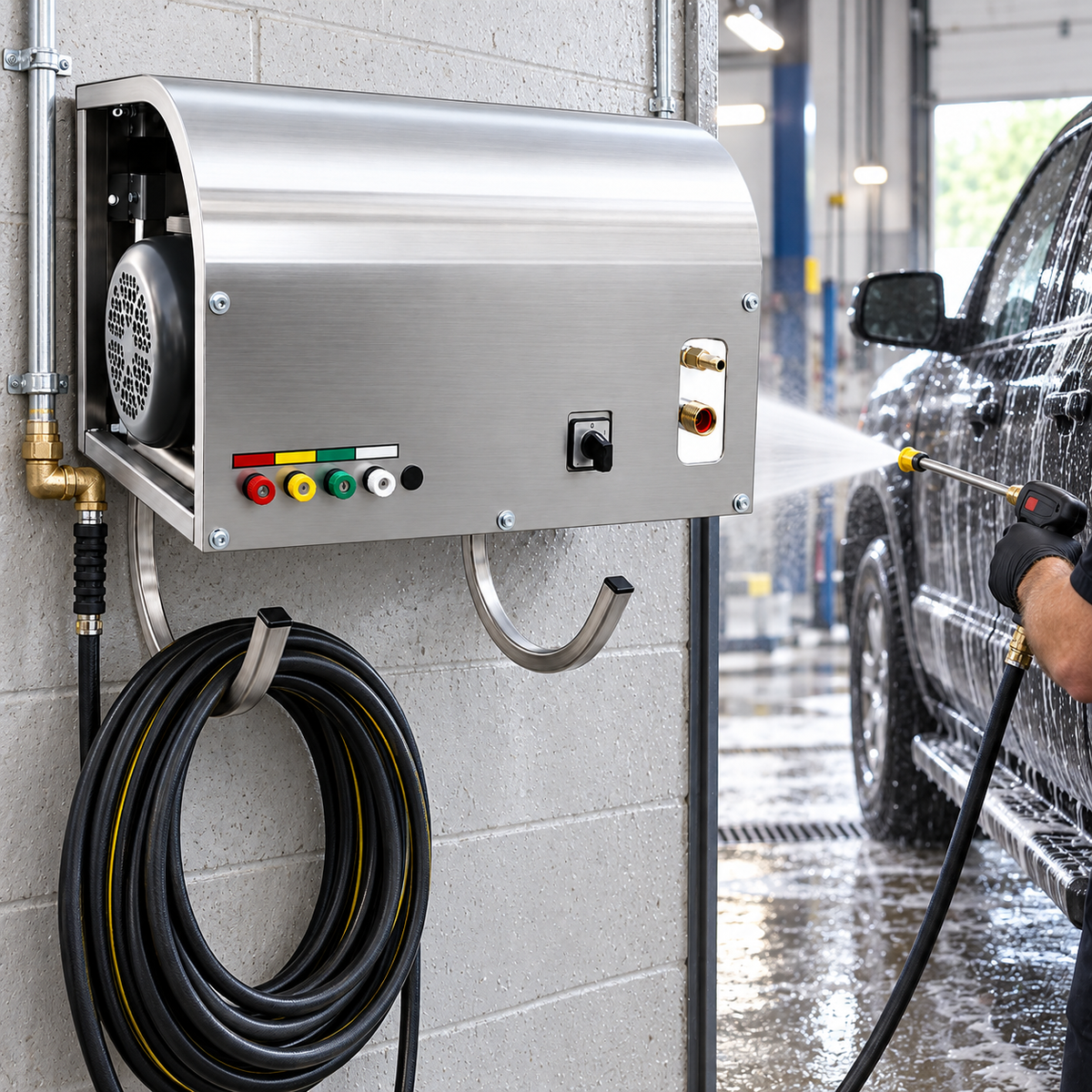 A 3000 PSI Cam Spray Wall Mount SS Pressure Washer mounted on a wall, with a coiled black hose hanging below and a person spraying a black vehicle with a high-pressure hose in a wash bay.