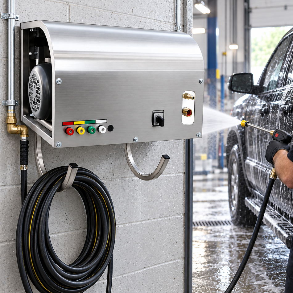A 3000 PSI Cam Spray Wall Mount SS Pressure Washer mounted on a wall, with a coiled black hose hanging below and a person spraying a black vehicle with a high-pressure hose in a wash bay.