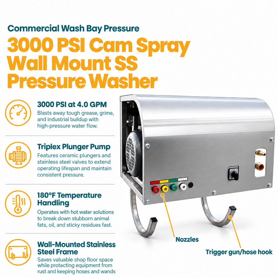Infographic of the 3000 PSI Cam Spray Wall Mount SS Pressure Washer