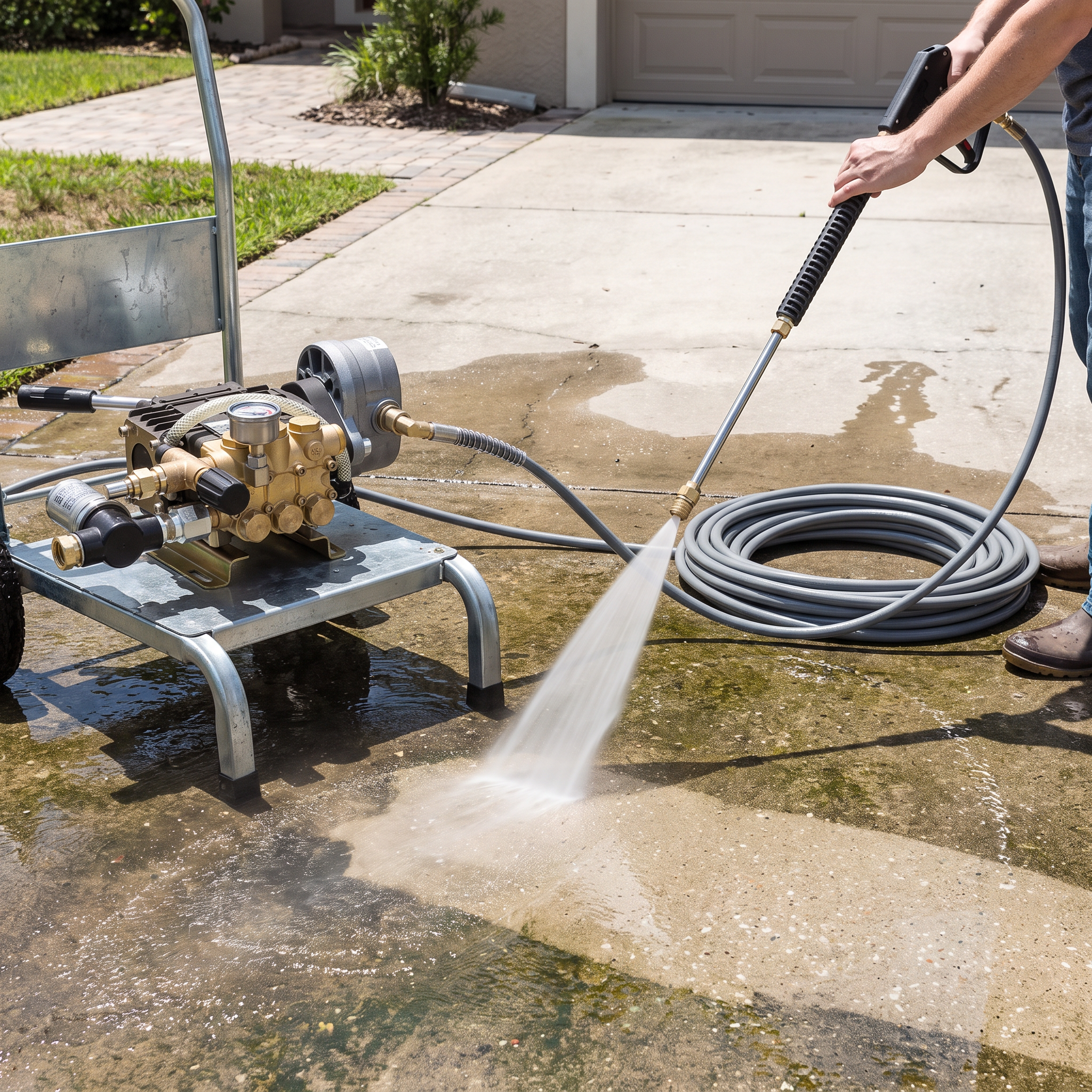 3000 PSI Hydraulic Powered Pressure Washer featuring a Udor triplex plunger pump mounted on a metal frame during an outdoor surface cleaning job.