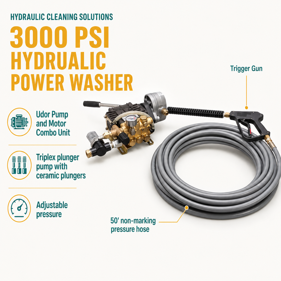 3000 PSI Hydraulic Powered Pressure Washer infographic